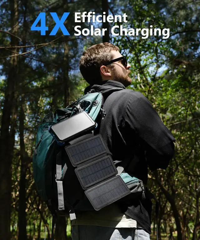 Alt view image 4 of 7 - Solar Power Bank 20000mAh with 4 Panels, Portable Solar Charger with Build-in 3 Cables for iPhone, USB C in/Output 15W Fast Charging External Battery Pack with Flashlight & Camping Light