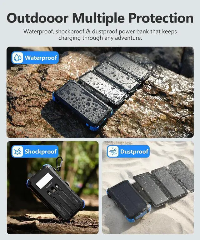 Alt view image 6 of 7 - Solar Power Bank 20000mAh with 4 Panels, Portable Solar Charger with Build-in 3 Cables for iPhone, USB C in/Output 15W Fast Charging External Battery Pack with Flashlight & Camping Light