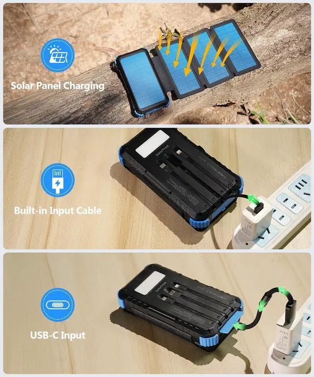 Alt view image 7 of 7 - Solar Power Bank 20000mAh with 4 Panels, Portable Solar Charger with Build-in 3 Cables for iPhone, USB C in/Output 15W Fast Charging External Battery Pack with Flashlight & Camping Light