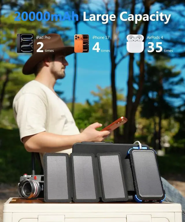 Alt view image 2 of 7 - Solar Power Bank 20000mAh with 4 Panels, Portable Solar Charger with Build-in 3 Cables for iPhone, USB C in/Output 15W Fast Charging External Battery Pack with Flashlight & Camping Light