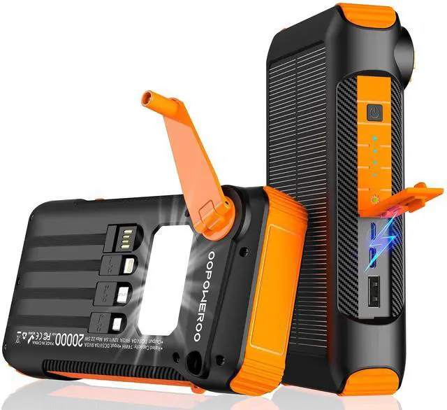 Main image of Solar Power Bank 20000mAh Built in Hand Crank and 4 Cables 22.5W Fast Charge Power Bank 5 Outputs & 5 Inputs Solar Portable Charger, SOS/Strobe/Strong Flashlights, Carabiner (Orange)