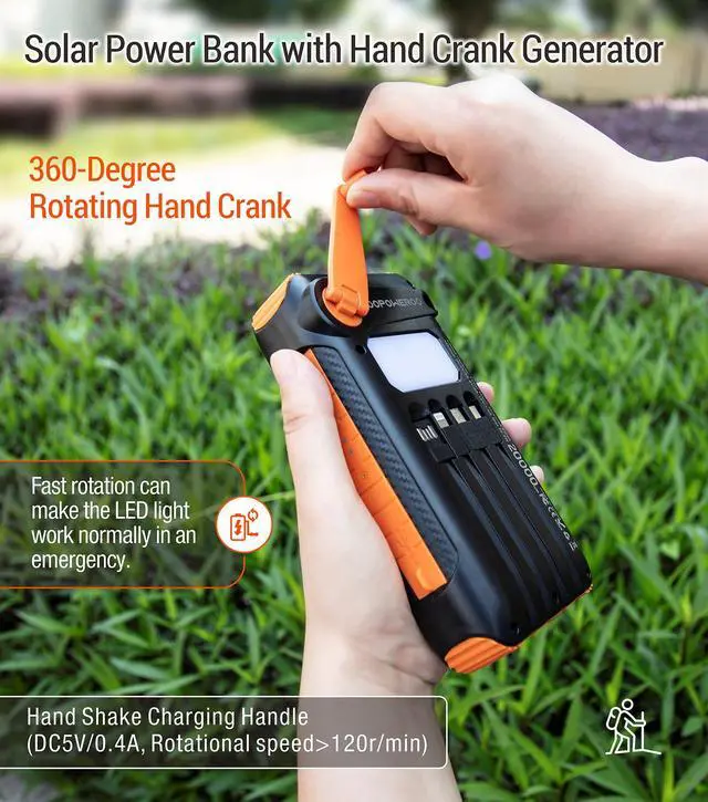 Alt view image 3 of 7 - Solar Power Bank 20000mAh Built in Hand Crank and 4 Cables 22.5W Fast Charge Power Bank 5 Outputs & 5 Inputs Solar Portable Charger, SOS/Strobe/Strong Flashlights, Carabiner (Orange)
