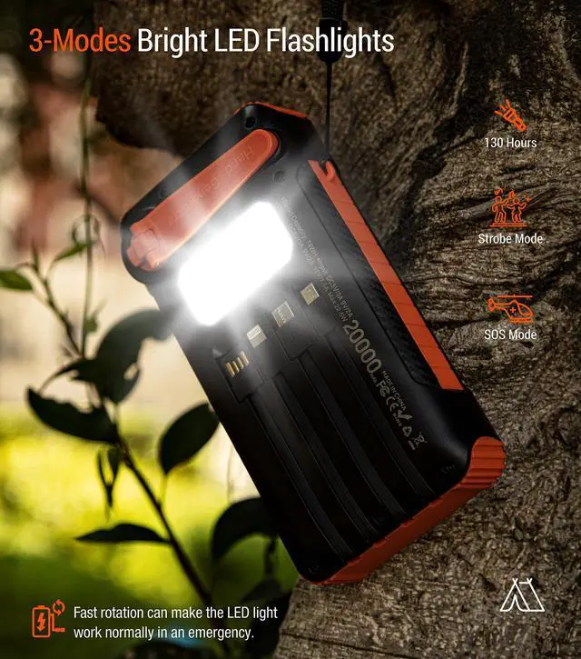 Alt view image 4 of 7 - Solar Power Bank 20000mAh Built in Hand Crank and 4 Cables 22.5W Fast Charge Power Bank 5 Outputs & 5 Inputs Solar Portable Charger, SOS/Strobe/Strong Flashlights, Carabiner (Orange)