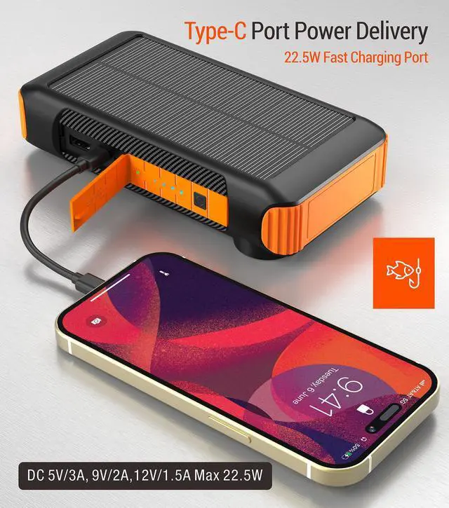 Alt view image 6 of 7 - Solar Power Bank 20000mAh Built in Hand Crank and 4 Cables 22.5W Fast Charge Power Bank 5 Outputs & 5 Inputs Solar Portable Charger, SOS/Strobe/Strong Flashlights, Carabiner (Orange)