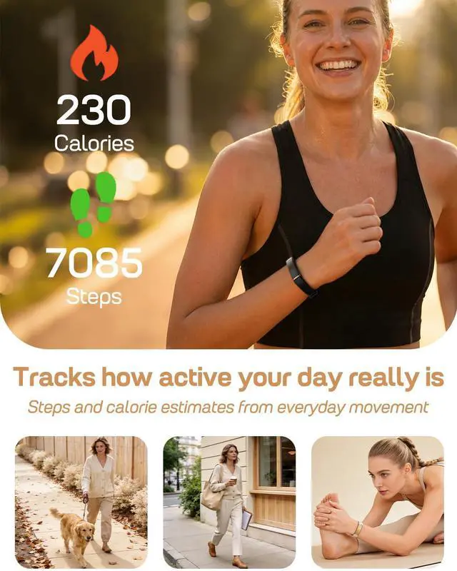 Alt view image 2 of 7 - Screenless Fitness Tracker for Women Men, Health and Fitness Wearable with 24/7 Heart Rate, Blood Pressure and HRV Sleep Monitor, Subscription Free Activity Tracker for Android & iPhone