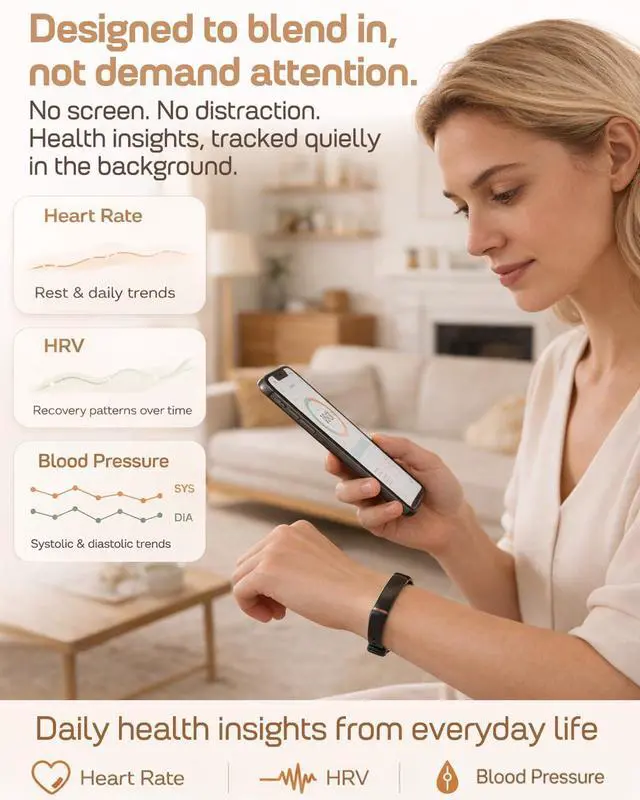 Alt view image 3 of 7 - Screenless Fitness Tracker for Women Men, Health and Fitness Wearable with 24/7 Heart Rate, Blood Pressure and HRV Sleep Monitor, Subscription Free Activity Tracker for Android & iPhone