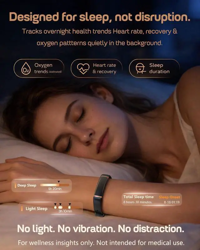 Alt view image 4 of 7 - Screenless Fitness Tracker for Women Men, Health and Fitness Wearable with 24/7 Heart Rate, Blood Pressure and HRV Sleep Monitor, Subscription Free Activity Tracker for Android & iPhone