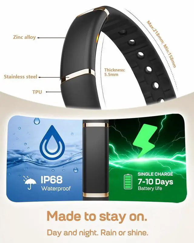 Alt view image 6 of 7 - Screenless Fitness Tracker for Women Men, Health and Fitness Wearable with 24/7 Heart Rate, Blood Pressure and HRV Sleep Monitor, Subscription Free Activity Tracker for Android & iPhone