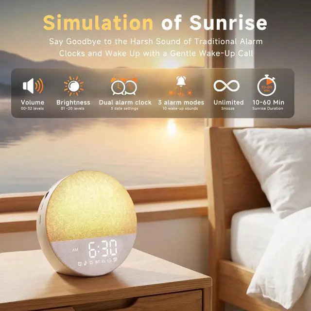Alt view image 3 of 7 - Sunrise Alarm Clock White Noise Machine | Natural Wake-Up Light for Bedroom with 30 Soothing Sleep Aids, Bluetooth Speaker, Dimmable Clock, Screen-Free Design for Baby Adults Kids-Khaki