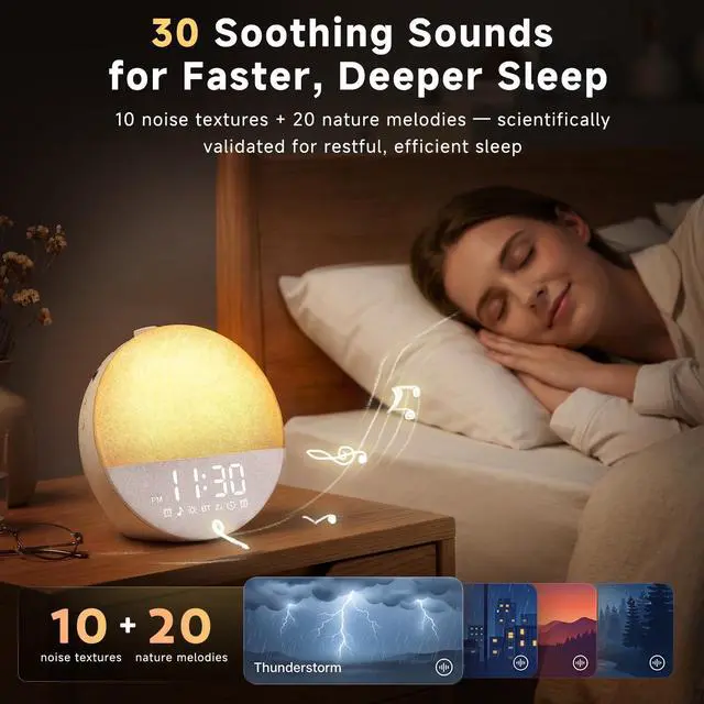 Alt view image 4 of 7 - Sunrise Alarm Clock White Noise Machine | Natural Wake-Up Light for Bedroom with 30 Soothing Sleep Aids, Bluetooth Speaker, Dimmable Clock, Screen-Free Design for Baby Adults Kids-Khaki