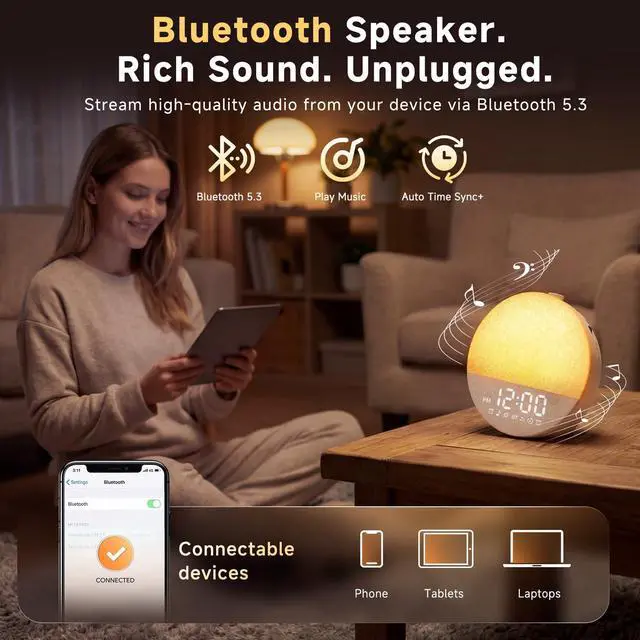Alt view image 5 of 7 - Sunrise Alarm Clock White Noise Machine | Natural Wake-Up Light for Bedroom with 30 Soothing Sleep Aids, Bluetooth Speaker, Dimmable Clock, Screen-Free Design for Baby Adults Kids-Khaki