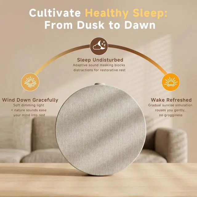 Alt view image 7 of 7 - Sunrise Alarm Clock White Noise Machine | Natural Wake-Up Light for Bedroom with 30 Soothing Sleep Aids, Bluetooth Speaker, Dimmable Clock, Screen-Free Design for Baby Adults Kids-Khaki