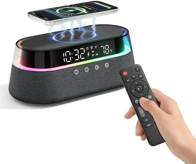 Main image of 6-in-1 Bluetooth Speaker Alarm Clock with Remote, FM Radio & Dimmable LED Night Light, 15W Fast Wireless Charger, Dual Digital Clock for Bedroom Home Office, Ideal Gifts for Him, Men Women