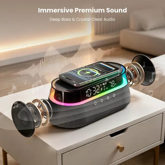 Alt view image 2 of 7 - 6-in-1 Bluetooth Speaker Alarm Clock with Remote, FM Radio & Dimmable LED Night Light, 15W Fast Wireless Charger, Dual Digital Clock for Bedroom Home Office, Ideal Gifts for Him, Men Women