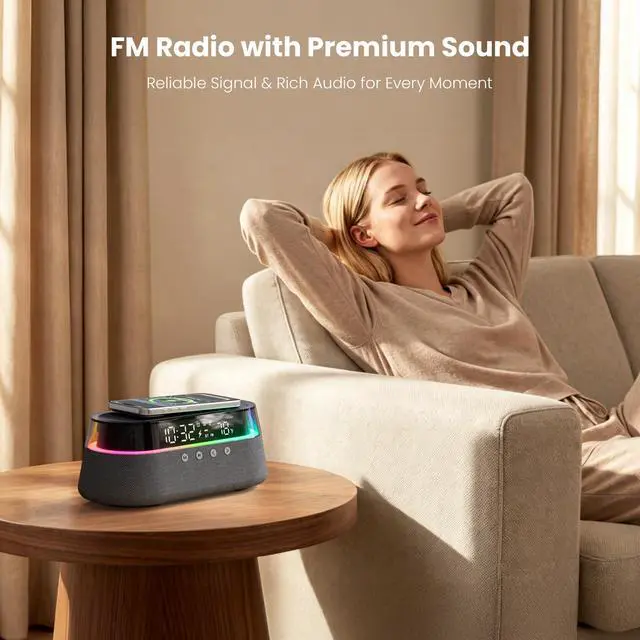 Alt view image 3 of 7 - 6-in-1 Bluetooth Speaker Alarm Clock with Remote, FM Radio & Dimmable LED Night Light, 15W Fast Wireless Charger, Dual Digital Clock for Bedroom Home Office, Ideal Gifts for Him, Men Women