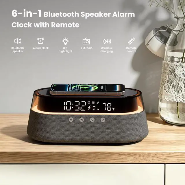Alt view image 4 of 7 - 6-in-1 Bluetooth Speaker Alarm Clock with Remote, FM Radio & Dimmable LED Night Light, 15W Fast Wireless Charger, Dual Digital Clock for Bedroom Home Office, Ideal Gifts for Him, Men Women