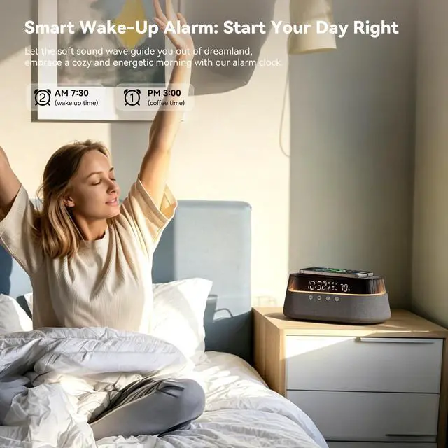 Alt view image 5 of 7 - 6-in-1 Bluetooth Speaker Alarm Clock with Remote, FM Radio & Dimmable LED Night Light, 15W Fast Wireless Charger, Dual Digital Clock for Bedroom Home Office, Ideal Gifts for Him, Men Women