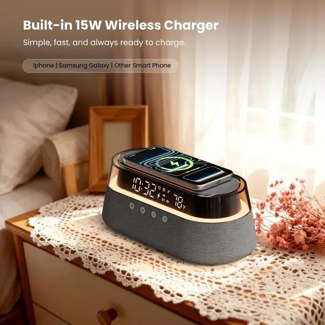 Alt view image 6 of 7 - 6-in-1 Bluetooth Speaker Alarm Clock with Remote, FM Radio & Dimmable LED Night Light, 15W Fast Wireless Charger, Dual Digital Clock for Bedroom Home Office, Ideal Gifts for Him, Men Women