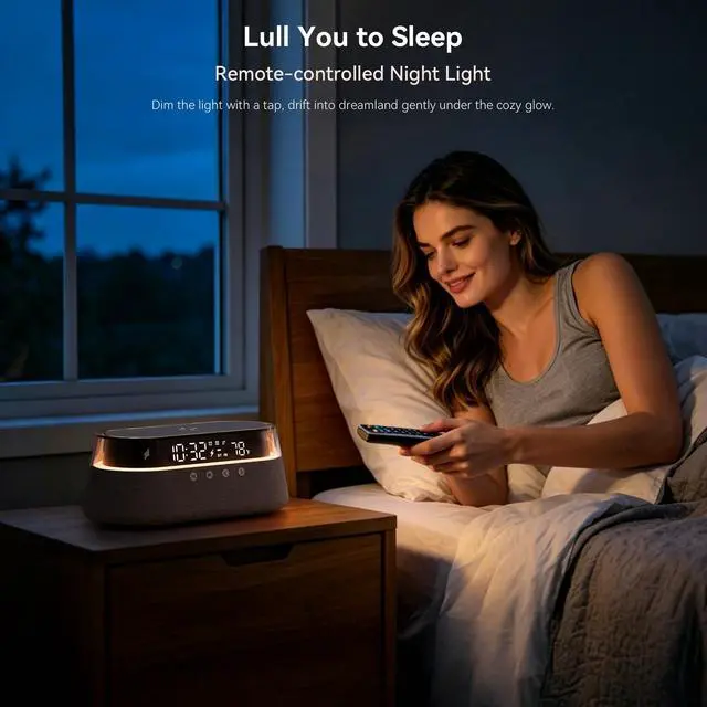 Alt view image 7 of 7 - 6-in-1 Bluetooth Speaker Alarm Clock with Remote, FM Radio & Dimmable LED Night Light, 15W Fast Wireless Charger, Dual Digital Clock for Bedroom Home Office, Ideal Gifts for Him, Men Women