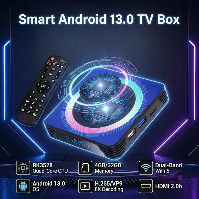 Alt view image 2 of 7 - Android TV Box 13.0, 4GB RAM/32GB ROM, Quad-Core CPU Smart Box with Dual-Band Wi-Fi 6, Ethernet, Bluetooth 5.0, 4K HDR10