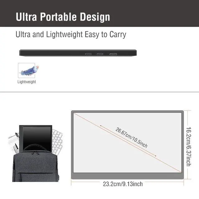 Alt view image 4 of 7 - Portable Monitor for Laptop 10.5 Inch Computer Gaming Display Metal Enclosure Mobile Display External Display for Xbox PS4 Phone with Speakers Type-C USB-C HDMI IPS FHD 1280P LED Screen
