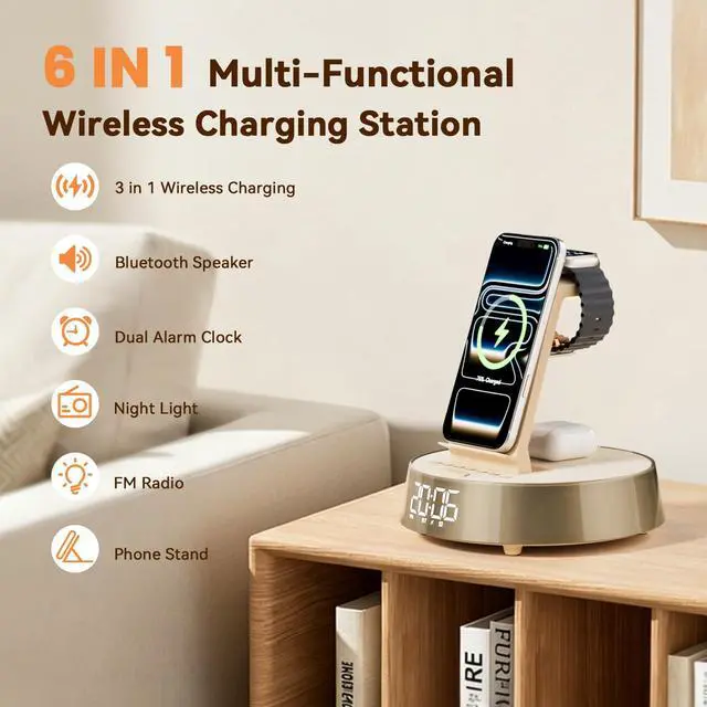 Alt view image 2 of 7 - 6 in 1 Wireless Charging Station with Alarm Clock, Bluetooth Speaker, FM Radio, Night Light for Bedroom Office, Wireless Charger Dock Station for iPhone 17 16 15 14 13 12 Pro Max,Apple Watch, AirPods