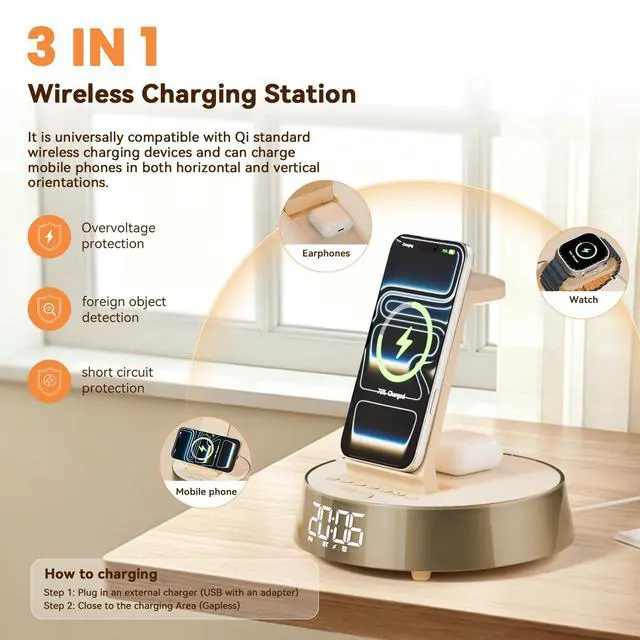 Alt view image 3 of 7 - 6 in 1 Wireless Charging Station with Alarm Clock, Bluetooth Speaker, FM Radio, Night Light for Bedroom Office, Wireless Charger Dock Station for iPhone 17 16 15 14 13 12 Pro Max,Apple Watch, AirPods