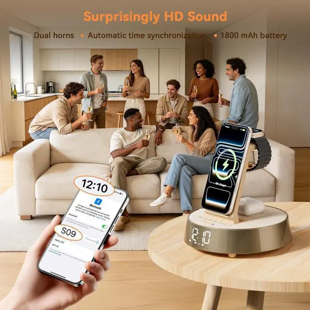Alt view image 5 of 7 - 6 in 1 Wireless Charging Station with Alarm Clock, Bluetooth Speaker, FM Radio, Night Light for Bedroom Office, Wireless Charger Dock Station for iPhone 17 16 15 14 13 12 Pro Max,Apple Watch, AirPods