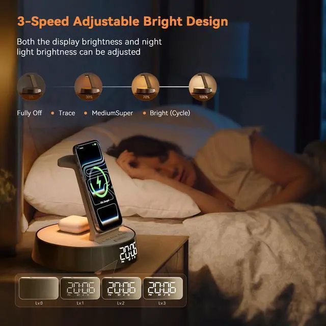 Alt view image 7 of 7 - 6 in 1 Wireless Charging Station with Alarm Clock, Bluetooth Speaker, FM Radio, Night Light for Bedroom Office, Wireless Charger Dock Station for iPhone 17 16 15 14 13 12 Pro Max,Apple Watch, AirPods