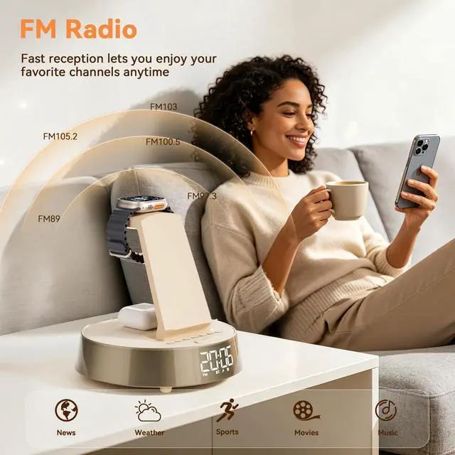 Alt view image 6 of 7 - 6 in 1 Wireless Charging Station with Alarm Clock, Bluetooth Speaker, FM Radio, Night Light for Bedroom Office, Wireless Charger Dock Station for iPhone 17 16 15 14 13 12 Pro Max,Apple Watch, AirPods