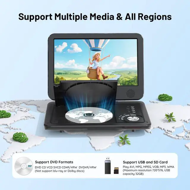 Alt view image 2 of 7 - Portable DVD Player 12.5", with 10.5" HD Swivel Screen, Car Travel DVD Players 5 Hrs Rechargeable Battery, No Region Restrict Video Player for Kids, Remote Control, Sync TV, USB&SD, Black