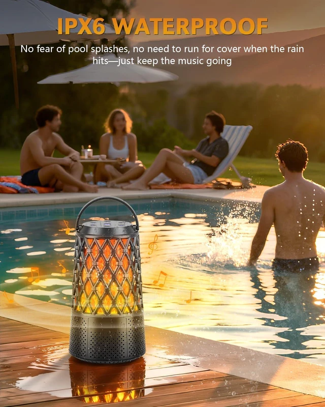 Alt view image 5 of 7 - Outdoor Speakers Bluetooth 5.3 with Flame Light,Up to 100-speaker Sync,IPX6 Waterproof, Wireless Auto-Pairing, HD Stereo Sound Atmosphere Lantern for Party Patio Porch Pool Camp Backyard, Gift for Men