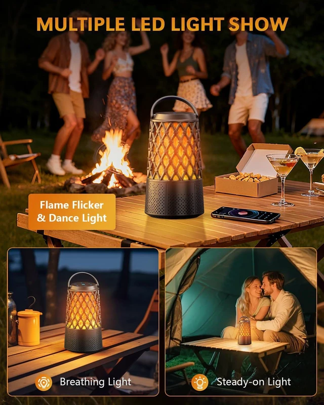 Alt view image 7 of 7 - Outdoor Speakers Bluetooth 5.3 with Flame Light,Up to 100-speaker Sync,IPX6 Waterproof, Wireless Auto-Pairing, HD Stereo Sound Atmosphere Lantern for Party Patio Porch Pool Camp Backyard, Gift for Men