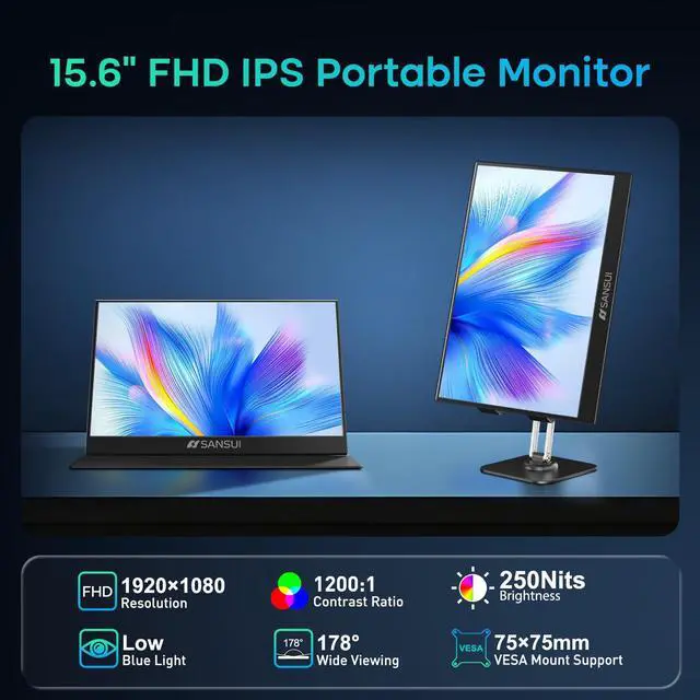 Alt view image 2 of 7 - Portable Monitor 15.6 Inch FHD 1080P Travel Monitor for Laptop, USB C HDMI Ultra-Thin IPS Computer Display with Speakers & PU Leather Stand Cover, for PC Mac mini Phone Switch Gaming