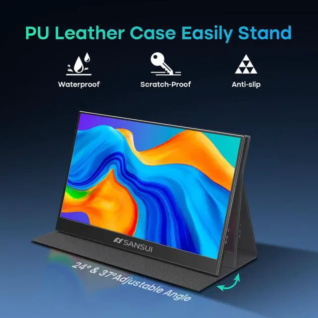 Alt view image 4 of 7 - Portable Monitor 15.6 Inch FHD 1080P Travel Monitor for Laptop, USB C HDMI Ultra-Thin IPS Computer Display with Speakers & PU Leather Stand Cover, for PC Mac mini Phone Switch Gaming