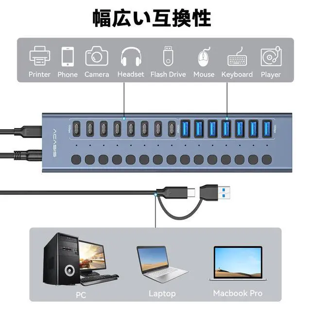 Alt view image 5 of 7 - Powered USB 3.2 Hub, ACASIS 16 Ports USB 3.2 Hub(8 USB-A 3.2 Ports+8 USB-C 3.2 Ports), Aluminum USB Hub Powered with 96W Power Adapter, USB Hub for PC/Laptop, Computer, Flash Drive, Printer, Camera