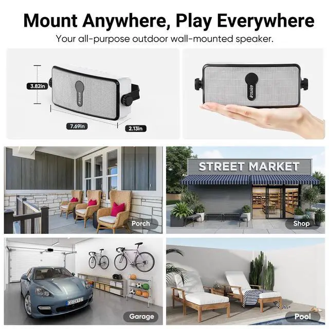 Alt view image 7 of 7 - Upgraded 200W Outdoor Bluetooth Speakers Pair - IPX5 Waterproof Wall Mount Stereo Speaker, Wireless Multi-Speaker Connection with Auracast, Sound System w/Aux for Porch, Patio, Garage, Home
