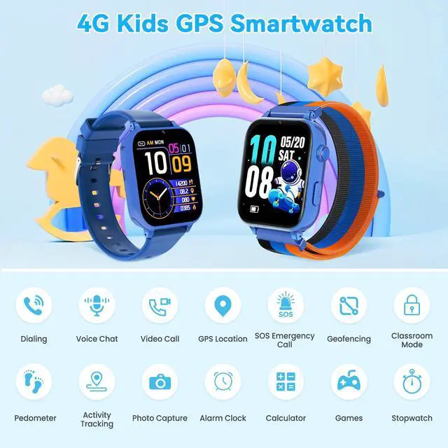 Alt view image 2 of 7 - 4G Kids Smart Watch Phone GPS, Smartwatch for Boys Girls Ages 4-12 Years with Video Call Chat Class Mode SOS Camera Alarm Games Parental App Touch Watch Gifts for Children (Includes SIM Card) Blue