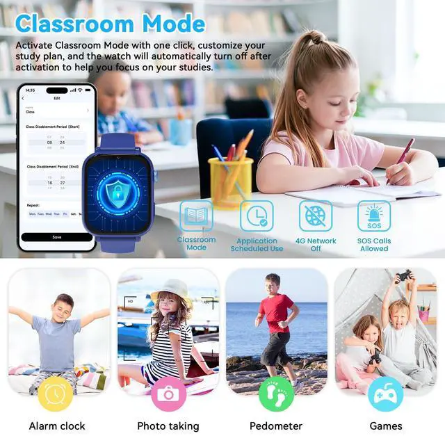 Alt view image 4 of 7 - 4G Kids Smart Watch Phone GPS, Smartwatch for Boys Girls Ages 4-12 Years with Video Call Chat Class Mode SOS Camera Alarm Games Parental App Touch Watch Gifts for Children (Includes SIM Card) Blue