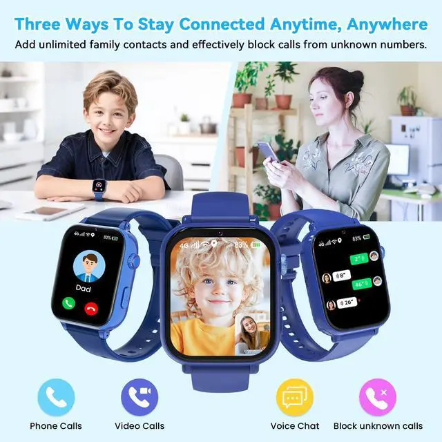 Alt view image 5 of 7 - 4G Kids Smart Watch Phone GPS, Smartwatch for Boys Girls Ages 4-12 Years with Video Call Chat Class Mode SOS Camera Alarm Games Parental App Touch Watch Gifts for Children (Includes SIM Card) Blue