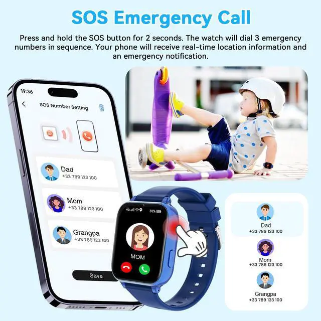 Alt view image 6 of 7 - 4G Kids Smart Watch Phone GPS, Smartwatch for Boys Girls Ages 4-12 Years with Video Call Chat Class Mode SOS Camera Alarm Games Parental App Touch Watch Gifts for Children (Includes SIM Card) Blue