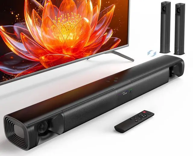 Main image of Sound Bar for Smart TV, 80W Surround Sound System, 2-in-1 Detachable Design, 2.0 Channel Soundbar, Dual Woofers & Dual Silk Horn Tweeters, Bluetooth5.3 ARC AUX Optical Home Theater Speaker