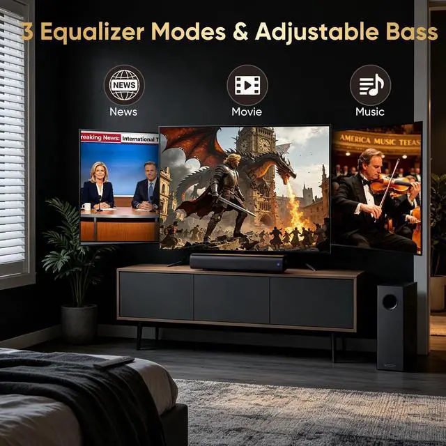 Alt view image 4 of 6 - 70W Sound bar with Subwoofer for TV, Compact 14.2" 2.1 Channel SoundBar with Deep Bass, Bluetooth 5.3, Optical/AUX, Home Theater Speaker System for Smart TV, PC & Gaming