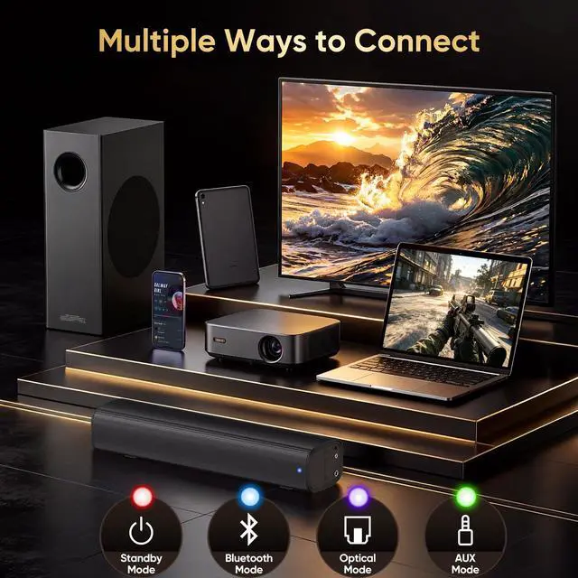 Alt view image 5 of 6 - 70W Sound bar with Subwoofer for TV, Compact 14.2" 2.1 Channel SoundBar with Deep Bass, Bluetooth 5.3, Optical/AUX, Home Theater Speaker System for Smart TV, PC & Gaming