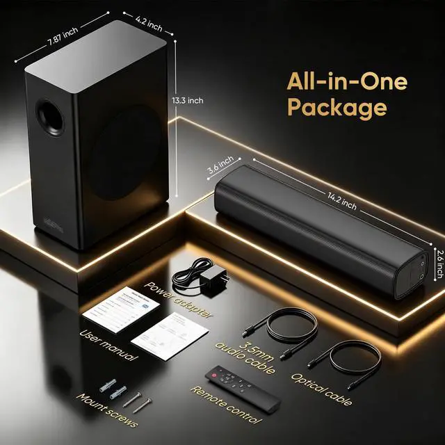 Alt view image 6 of 6 - 70W Sound bar with Subwoofer for TV, Compact 14.2" 2.1 Channel SoundBar with Deep Bass, Bluetooth 5.3, Optical/AUX, Home Theater Speaker System for Smart TV, PC & Gaming