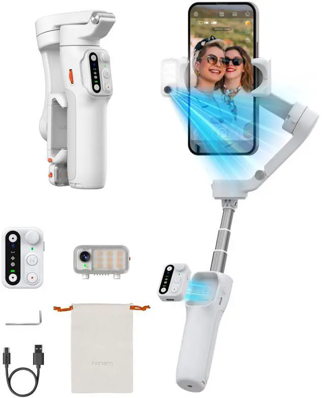 Main image of iSteady V3 Phone Gimbal Stabilizer, Magnetic AI Tracking Sensor with Fill Light, Detachable Remote Control, Built-in Extension Rod and Tripod, Foldable 3-axis Stabilization Gimbal, White