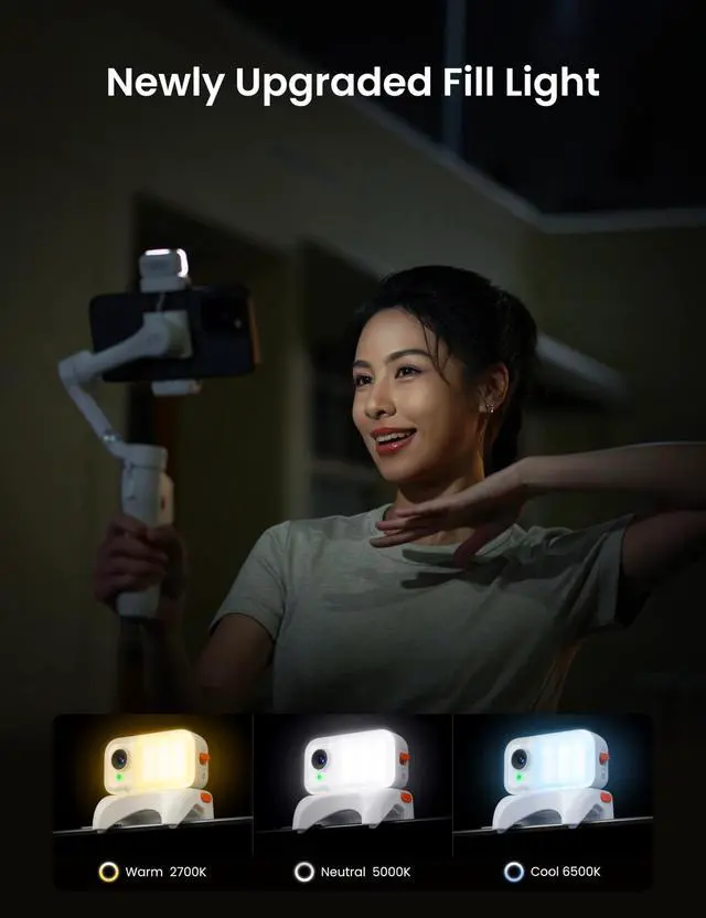 Alt view image 5 of 7 - iSteady V3 Phone Gimbal Stabilizer, Magnetic AI Tracking Sensor with Fill Light, Detachable Remote Control, Built-in Extension Rod and Tripod, Foldable 3-axis Stabilization Gimbal, White