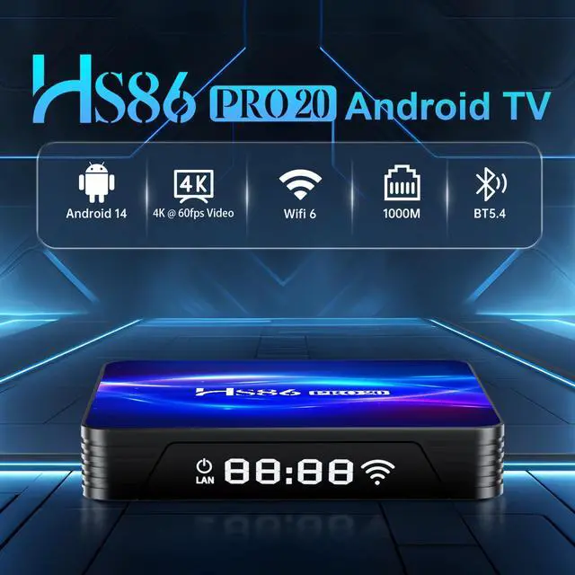 Alt view image 2 of 7 - 8K TV Box Android 14.0 RK3566 Chipset, 2026 2K 4K@60FPS Android Box 4GB RAM 32GB ROM Support Ethernet 1000M LAN Dual-WiFi 6 2.4G/5.8G 3D HDR10+ BT5.0 Smart TV Box with IR Remote Control HS86 PRO20