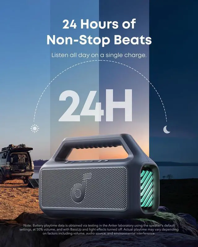 Alt view image 6 of 7 - Boom 2 By Anker, Outdoor Speaker, 80W, Subwoofer, BassUp 2.0, 24H Playtime, IPX7 Waterproof, Floatable, RGB Lights, USB-C, Custom EQ, Portable for Camping and Beach - Blue