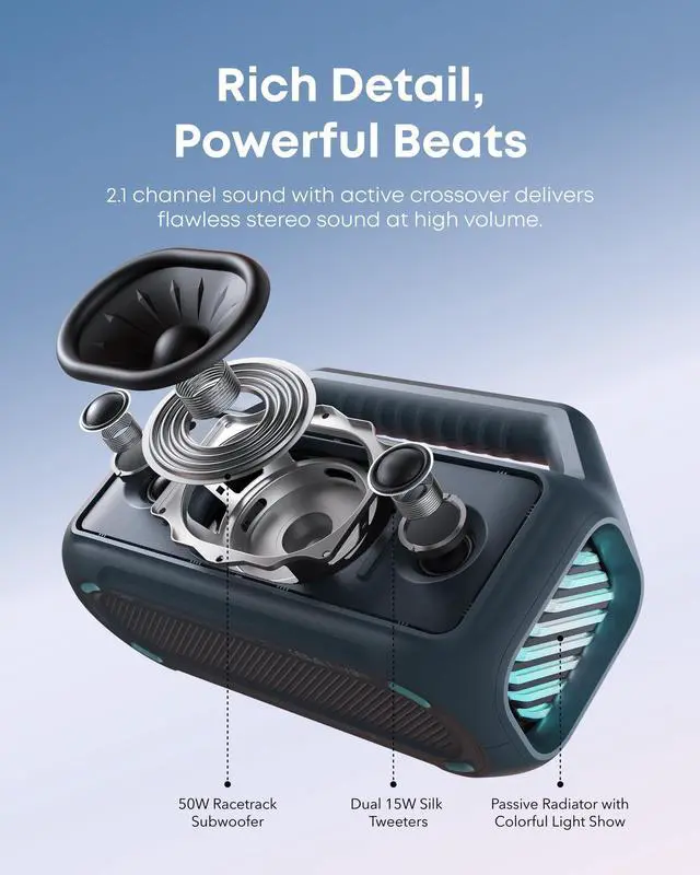 Alt view image 3 of 7 - Boom 2 By Anker, Outdoor Speaker, 80W, Subwoofer, BassUp 2.0, 24H Playtime, IPX7 Waterproof, Floatable, RGB Lights, USB-C, Custom EQ, Portable for Camping and Beach - Blue
